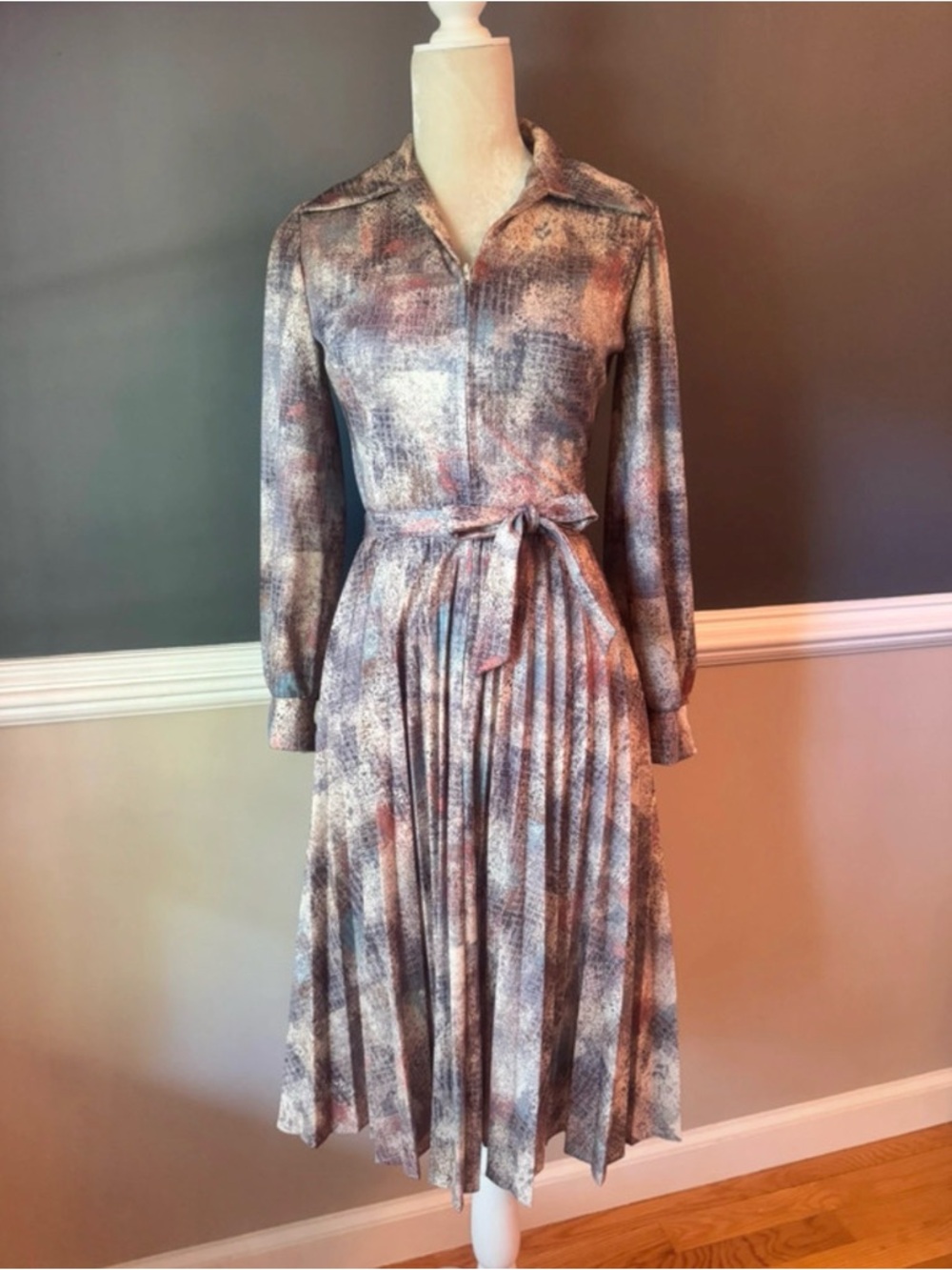 Authentic 1980’s Vintage Pleated Long-Sleeve Shirt Dress